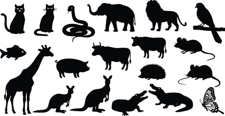 Animal silhouette vector set, wild and domestic animals collection, black shapes of mammals, reptiles, birds, and insects for design