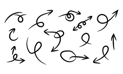 Collection of hand drawn black arrows isolated on