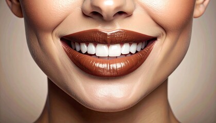 Close up on shiny brown lipstick mouth smiling showing perfect white teeth with water droplets on skin natural lighting soft background beauty and cosmetics concept