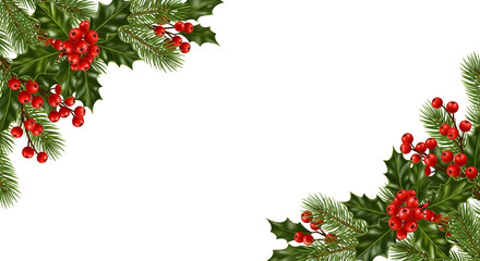 Holly and pine corner border isolated on transparent background