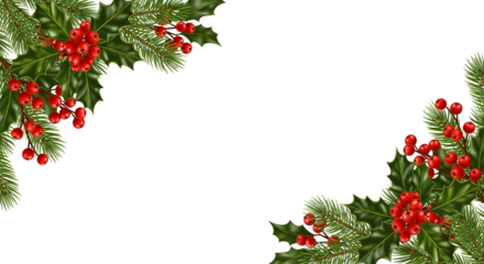 Holly and pine corner border isolated on transparent background