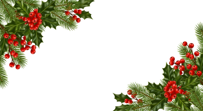 Holly and pine corner border isolated on transparent background