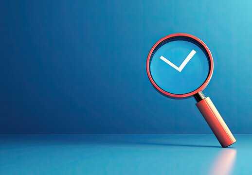 Red magnifying glass with checkmark on blue background - Powered by Adobe