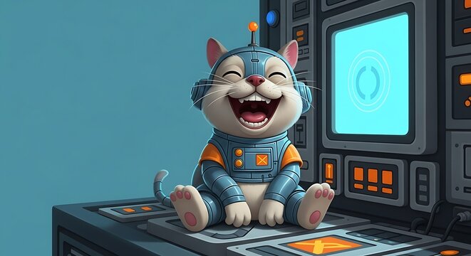 Cute Cartoon Cat in Sci-Fi Spacesuit Laughing in Futuristic Control Room.