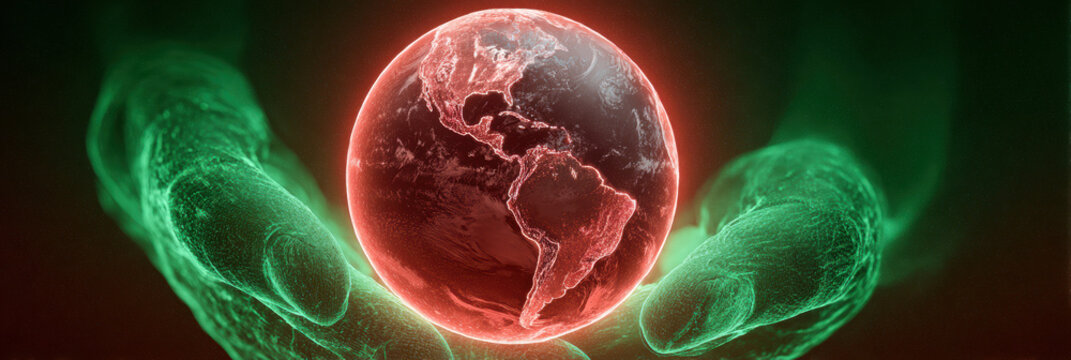 Conceptual view of red glowing earth globe symbolizing global warming and climate change, held carefully in ethereal green hand. concept of care for fragile planet and environment
