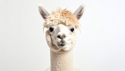 Close up portrait of a fluffy white alpaca with light brown hair on its head standing against a plain white background in studio lighting