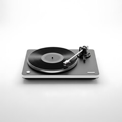 Modern minimalist turntable with a sleek black vinyl record spinning on a clean white background, highlighting a contemporary audio device for music enthusiasts.