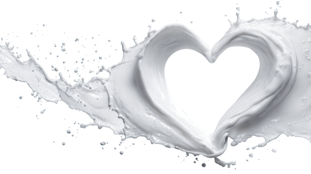  Milk splashes forming a perfect heart shape with smooth creamy texture and fluid motion isolated on white background