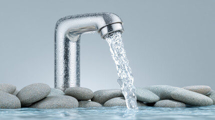 Modern chrome faucet with clean fresh water flowing from tap over simple gray stone, creating refreshing and pure scene for wellness and conservation concept