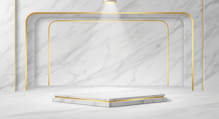 A sophisticated flat design illustration showcasing a modern product display platform crafted from marble and gold, perfect for luxury branding or e-commerce promotions.