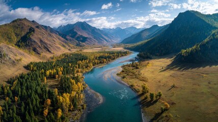 Colorful himalayan landscape at sunset with towering mountains, winding river, lush green forest, blue sky with clouds, and golden sunlight illuminating a serene summer mountain valley in nepal