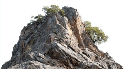 Rugged cliff stone formation with sharp textured edges standing on top of a mountain hill isolated against clean white background showcasing natural rocky structure and dramatic outdoor landscape elem