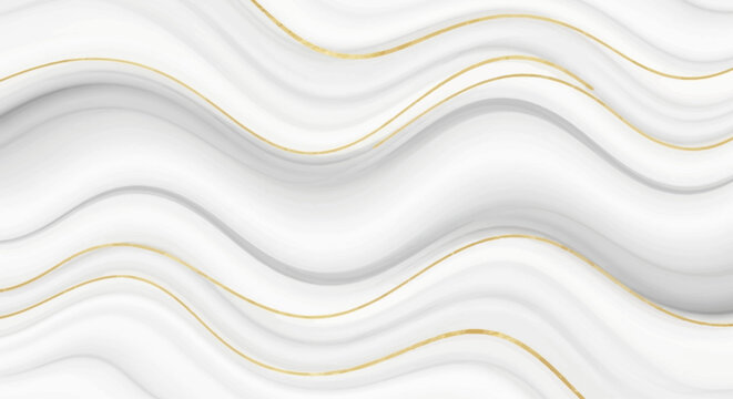 A captivating flat design illustration of a dynamic abstract wave pattern, where fluid marble-like shapes gracefully intermingle with elegant golden curves, creating a luxurious and flowing background