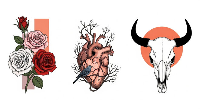 Tattoo inspiration with roses, anatomical heart with bird, and bull skull art evokes edgy vibes, perfect for alternative fashion or bold home decor projects