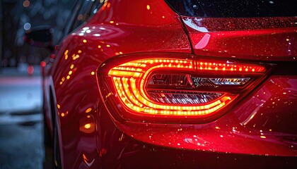 Close up of a gleaming red car taillight at night with glowing orange lights reflecting on wet surfaces and bokeh background lights