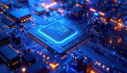 Close up of a glowing blue central processing unit on a detailed electronic circuit board with illuminated orange and blue lights and intricate pathways symbolizing technology and data flow