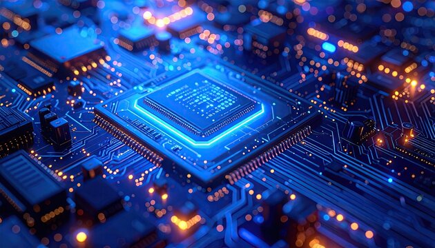 Close up of a glowing blue central processing unit on a detailed electronic circuit board with illuminated orange and blue lights and intricate pathways symbolizing technology and data flow - Powered by Adobe