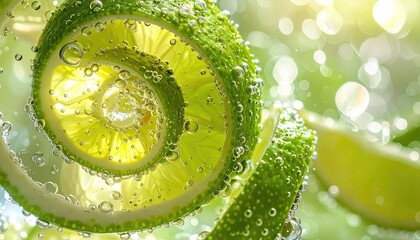 Close up of a green lime peel spiraled in carbonated water with bright sunlight and water droplets creating a refreshing and vibrant scene