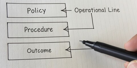 Diagram Showing Policy, Procedure, and Outcome with Hand-Drawn Elements on Notepad Paper for Educational Use