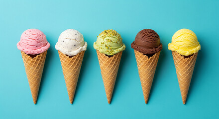 Indulge in a vibrant assortment of ice cream cones, perfect for summer promotions, dessert menus, and sweet treat advertisements against a cool blue background