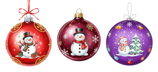 Vibrant Christmas Ornaments Featuring Happy Snowmen, Sparkling Snowflakes, and Holiday Gifts on a transparent background