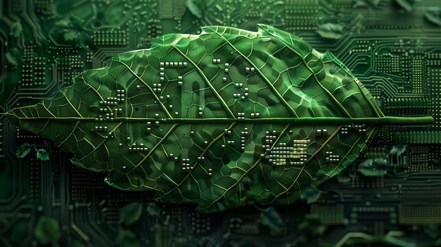 leaf made of microchips and pixels, eco digital art, clean symme - Powered by Adobe