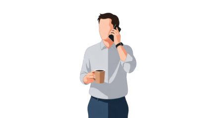 Man in a white shirt talking on the phone while holding a coffee cup.