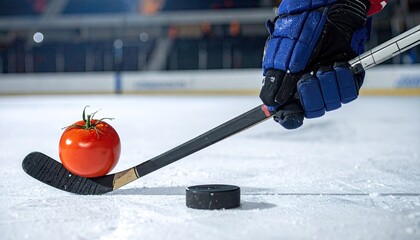 Close Up Of A Hand In Blue Hockey Gloves Holding A Hockey Stick With A Tomato On The Blade On An Ice Rink With A Puck Nearby
