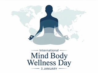 Silhouette of a person meditating in lotus pose against a world map backdrop for international mind body wellness day