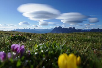 Vibrant alpine meadow with unique lenticular clouds over majestic mountain range