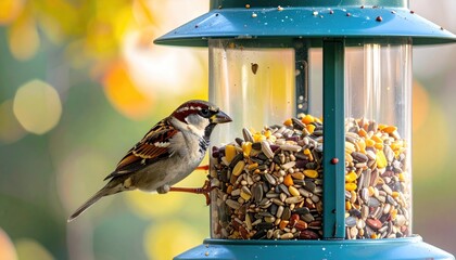 Close up of a House Sparrow perched on a green metal bird feeder filled with mixed seeds in soft daylight