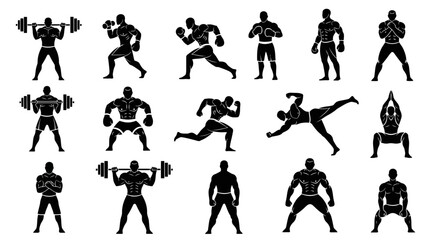 Collection of Silhouette Figures Depicting Various Athletic Poses and Bodybuilding Actions