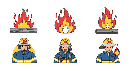 Vector Collection of Firefighter and Fire Emergency Service Icons. Modern Flat Line Art Symbols for Public Safety and Rescue