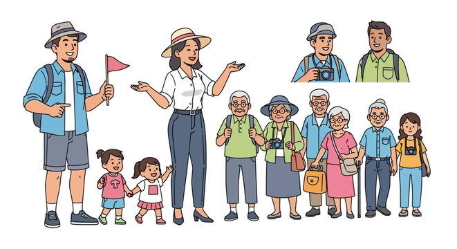 Cartoon tour guide leading a group of happy senior tourists on an adventure
