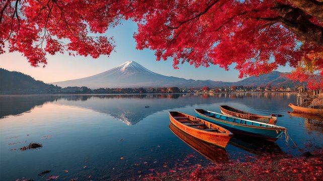 Colorful autumn scenery with red maple leaves framing mount fuji and gentle morning fog over lake kawaguchiko in japan creating a serene seasonal landscape
