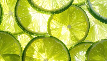 Close Up Translucent Lime Slices Illuminated by Bright Backlight Creating a Vibrant Citrus Pattern with Tiny Sparkles