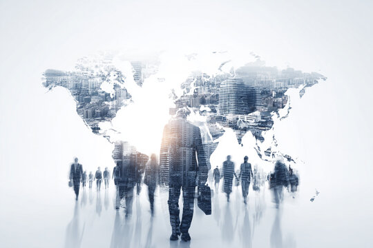 Global Business Concept: Diverse Businesspeople Walking Forward with World Map Overlay