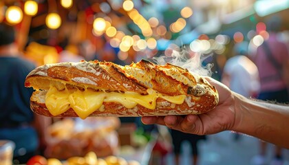 CloseUp of a Hand Holding a Hot Melted Cheese Sandwich During a Festive Evening Market Amidst Bokeh Lights and Blurred Crowd
