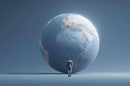 Global Business Strategy: Businessman Approaching a Large Illuminated Earth Globe