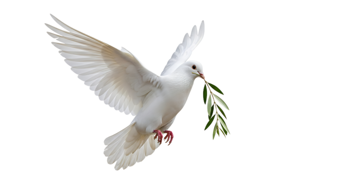 Graceful white dove in flight, carrying a fresh olive branch, a profound symbol of peace, hope, and freedom, beautifully isolated on a pure white background
