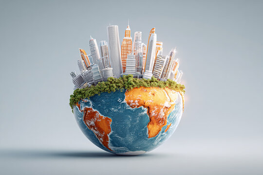 Global Business Concept: 3D Render of City Skyscrapers Crowning the Earth Globe
