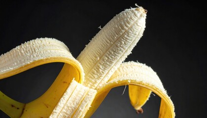Close Up Of A Peeled Banana With Yellow Skin Against A Dark Background Showing White Flesh And Texture
