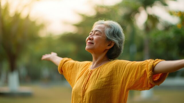 Middle-aged Asian woman enjoying mindful yoga in park, open arms, sunlight, stress relief, self-love, calm, relaxation, elder wellness, meditation, mental health support.