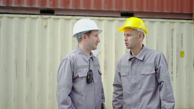 Two young caucasian engineers discuss their outdoor project at a container yard. They demonstrate their teamwork by shaking hands and then walk away to finalize their plans.