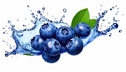 Cluster of Fresh Blueberries Splashing into Clear Water with Green Leaves and White Background