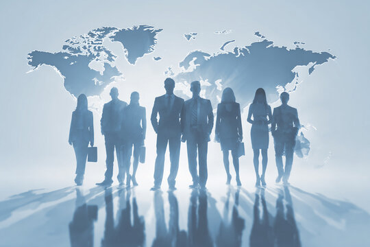 Future of Global Commerce: Traveling Business Team with World Map Overlay