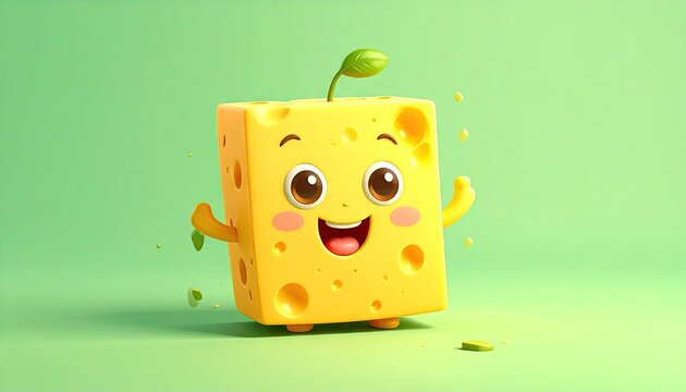 Cute Yellow Cheese Character with Happy Face and Green Sprout on Light Green Background