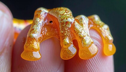 Close up of a person's finger holding the bright orange webbed feet of a small amphibian with detailed texture and glistening droplets against a dark blurry background macro photography