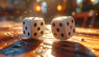 Two white dice, each showing different numbers of dots, are on a glossy wooden surface. Bokeh lights fill the background