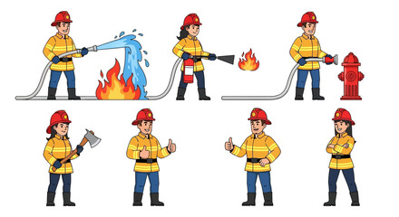 Firefighter Actions Extinguishing Flames with Water, Controlling Fire, and Demonstrating Bravery